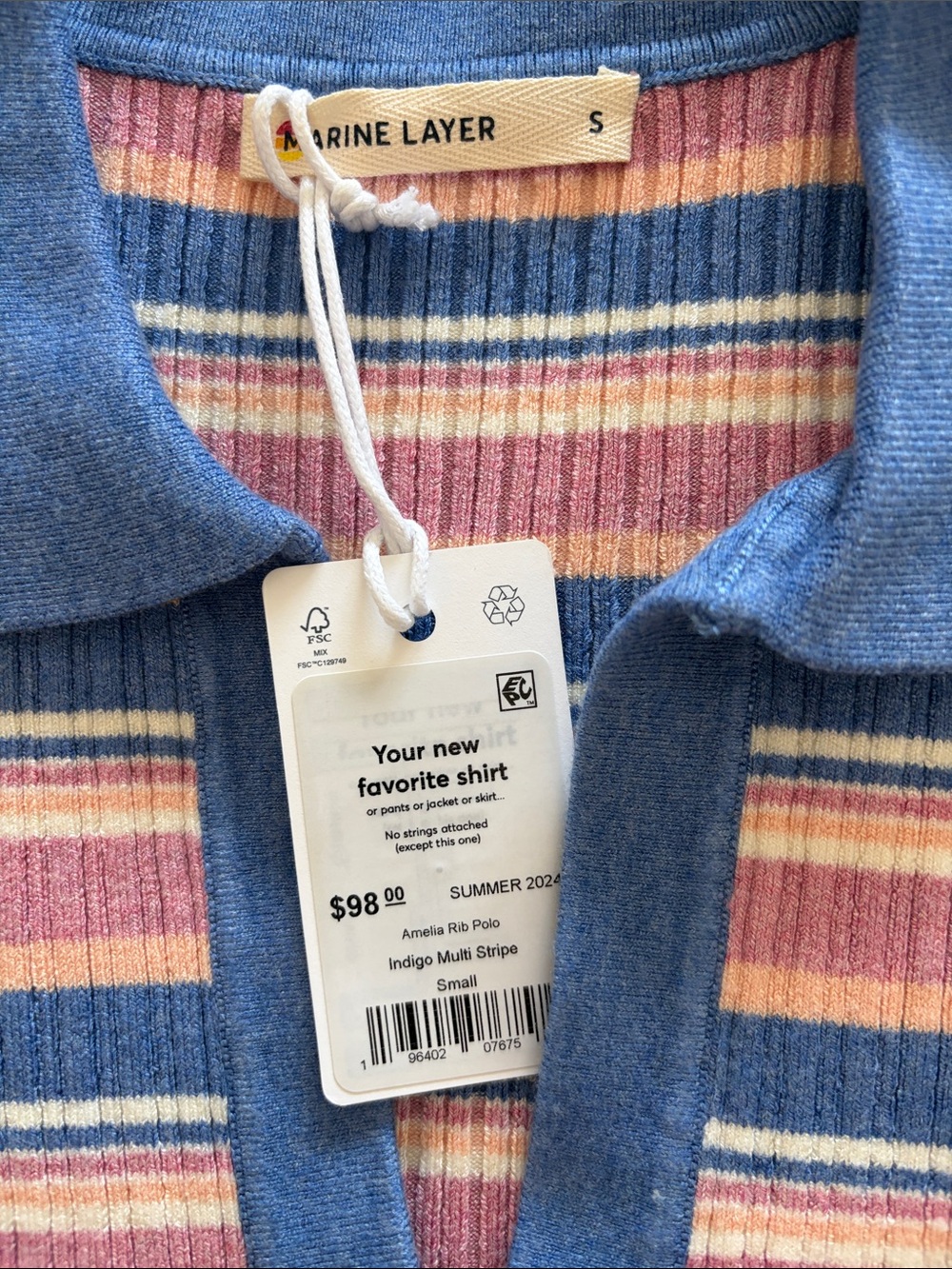 Marine Layer Ribbed Striped Polo Tank in Blue, Pink & Cream - Picture 5 of 5